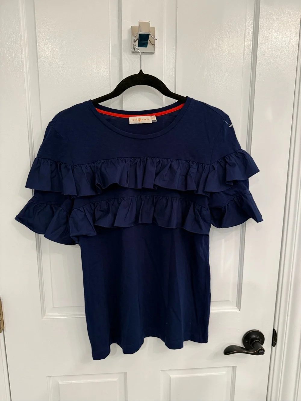 Tory Burch Navy Ruffle Short Sleeve Top